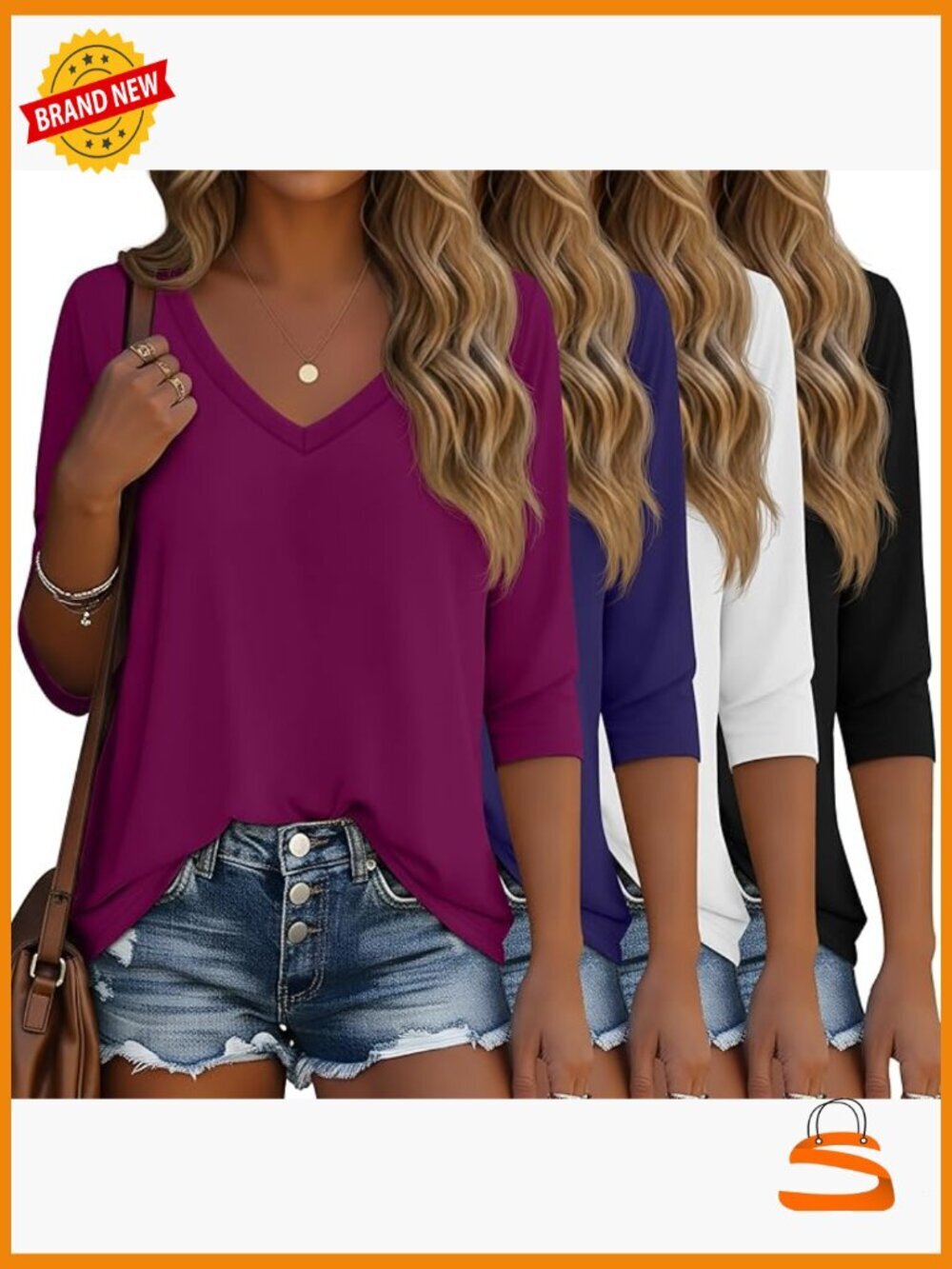 4 Pack Womens 3/4 Sleeve V Neck Tunic Tops Loose Fit Cotton Tees